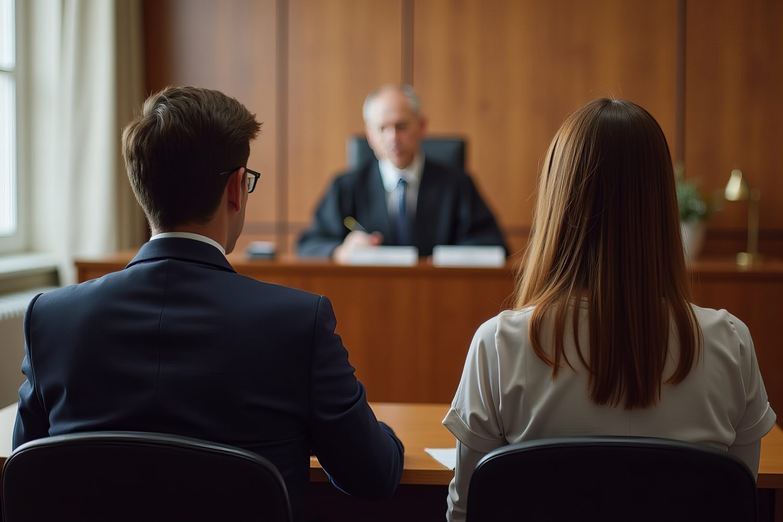 A couple facing a judge for a divorce mediation session