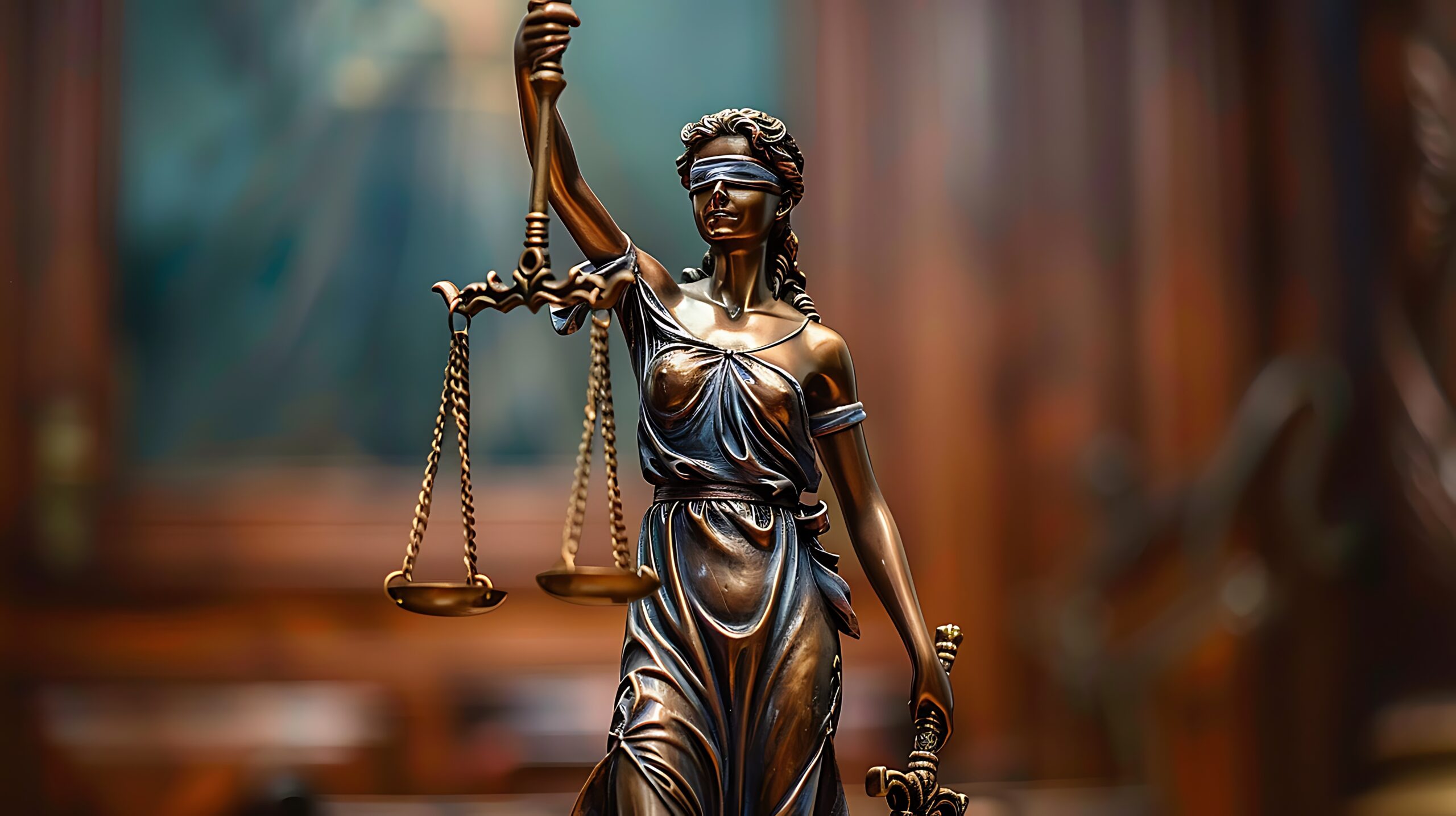 A bronze statue of Lady Justice, a symbol of law and justice, holding scales and a sword.