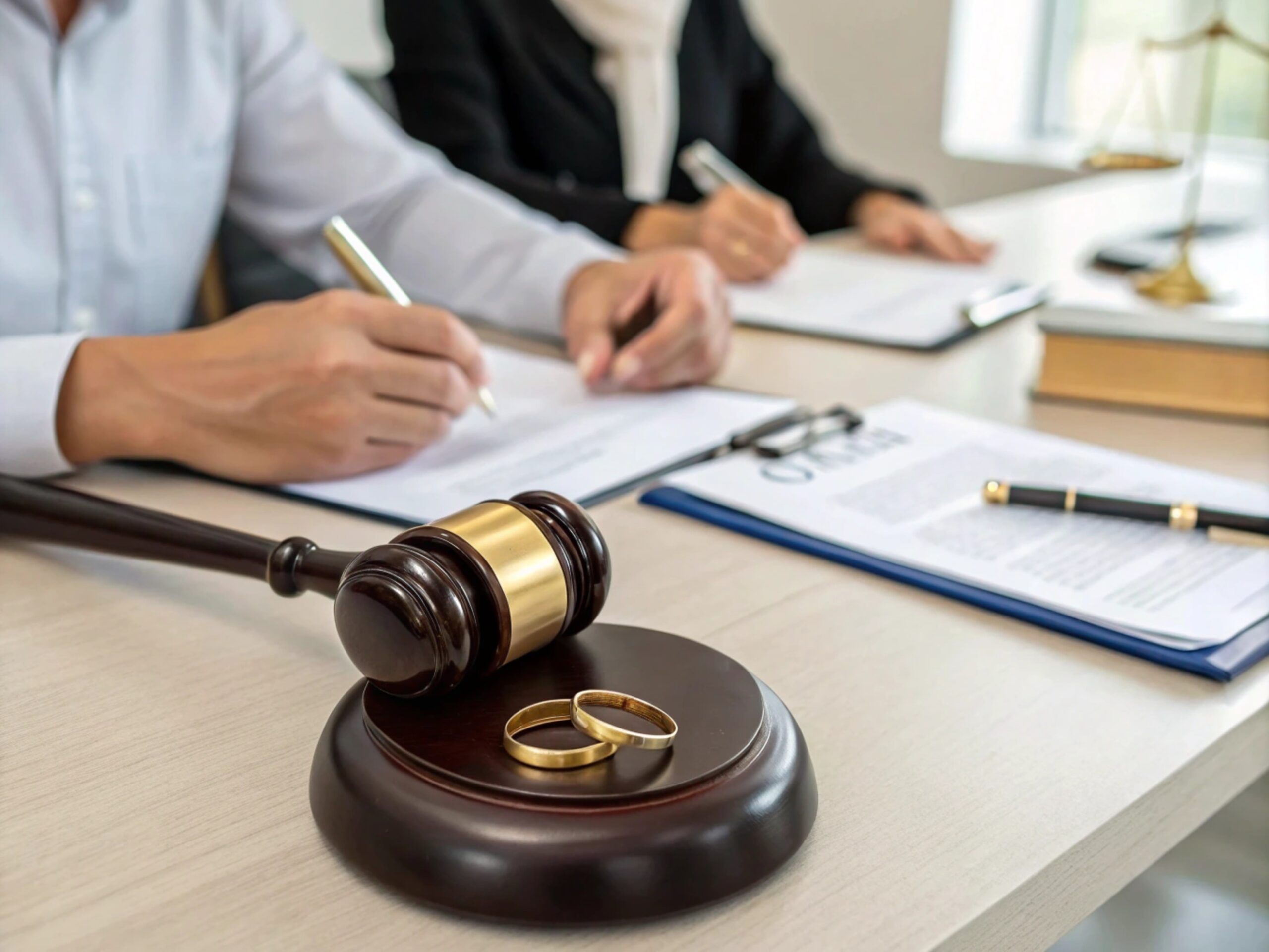 Divorce Proceedings Discussion with Gavel and Wedding Rings generative ai