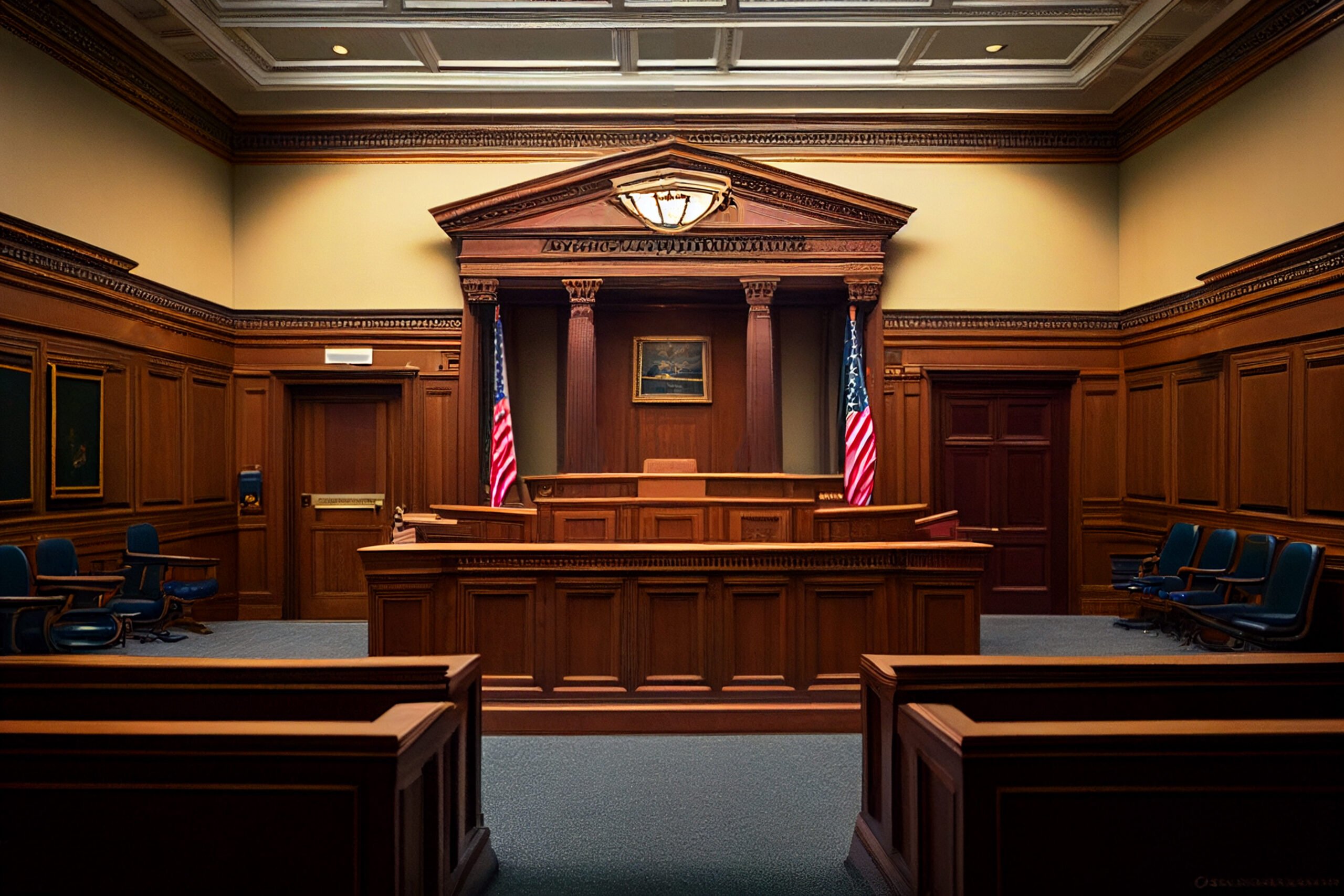 Court of the USA. Courtroom of United States. American flag in Courtroom. Supreme Court, Judiciary, Judge. American Justice, Judicial Authority. Appellate. Ai Generative illustration.