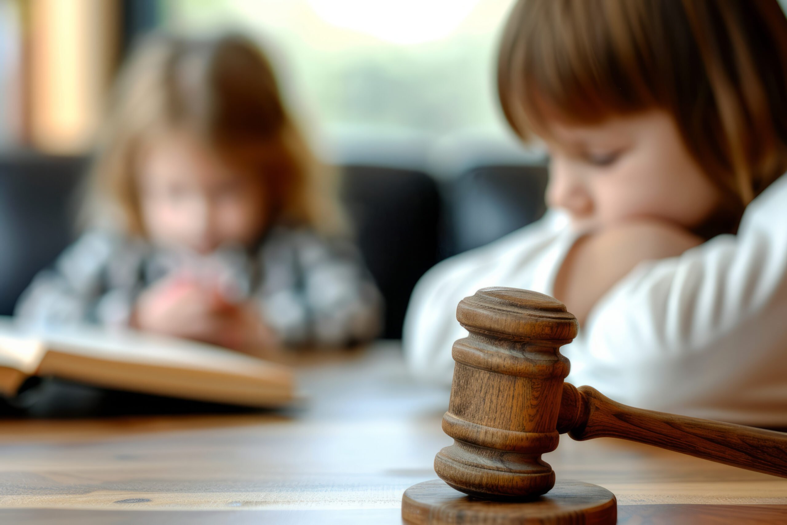 Close up of a legal judges hammer with a blurred child in the background. Child custody concept.