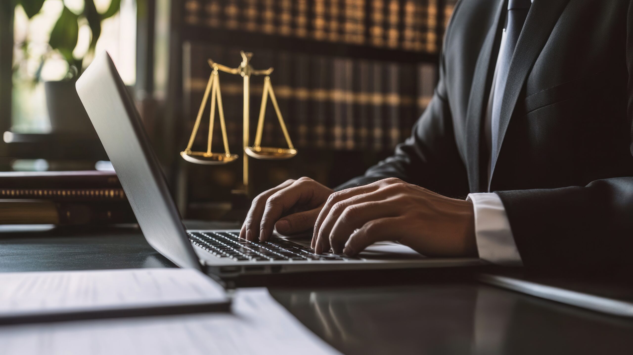 A close-up of a lawyer typing on a laptop, working on a legal document or correspondence