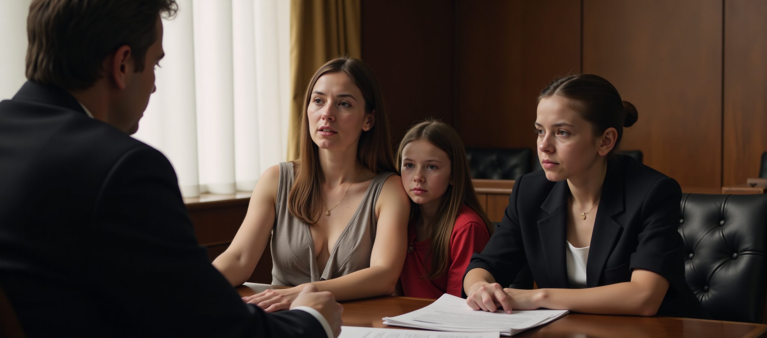 A captivating, high-definition photograph of a professional setting featuring a mother with her children on a judge's workplace in a court proceeding related to divorce. The image emphasizes the drama of the scene through close cropping around the mother and her children as they sit before the judge, who presides over the room filled with legal documents and other symbolic elements associated with family law and relationship regulation. The photograph is rendered in a photorealistic style that captures every intricate detail: the lines on the judge's face, the children's expressions of concern or anxiety, the elegant gown worn by the mother, and the atmosphere of formality and gravity within the room.
Negative prompt: 
Steps: 8, Sampler: euler_beta, CFG scale: 1.0, Seed: 848274054909033, Model: acornIsSpinningFLUX_v11Hyper8Step.safetensors, Model hash: 36a2859beb, VAE: ae.safetensors, VAE hash: afc8e28272, Hashes: {"model": "36a2859beb", "vae": "afc8e28272"}, Title: Photorealistic depiction of toy figures at a courtroom setting during a family law-themed dispute., Tags: Toy Mother/ Children/ Judge Workplace/ Court Proceeding/ Divorce Case/ Photography Scene/ Wallpaper/ Family Laws/ Regulating Relationship Concept/ Emotional Conflict/ Disputed Custody/ Child Support/ Visitation Rights/ Alimony/ Property Division/ Sole Custody/ Joint Custody/ Shared Parenting/ Contested Divorce/ Uncontested Divorce/ Legal Proceedings/ Courtroom Drama/ Lawyer Presentations/ Trial Testimonies/ Emotional Turmoil/ Family Dynamics/ Marital Breakdown/ Judicial Decision Making/ Custody Battles/ Child Welfare/ Parental Responsibilities/ Domestic Relationships/ Family Struggles/ Heartwrenching Scenes/ Photorealistic Art/ High-Definition Image., WD14: long_hair/ multiple_girls/ brown_hair/ shirt/ 1boy/ 2girls/ brown_eyes/ sitting/ indoors/ realistic, Hands: Yes