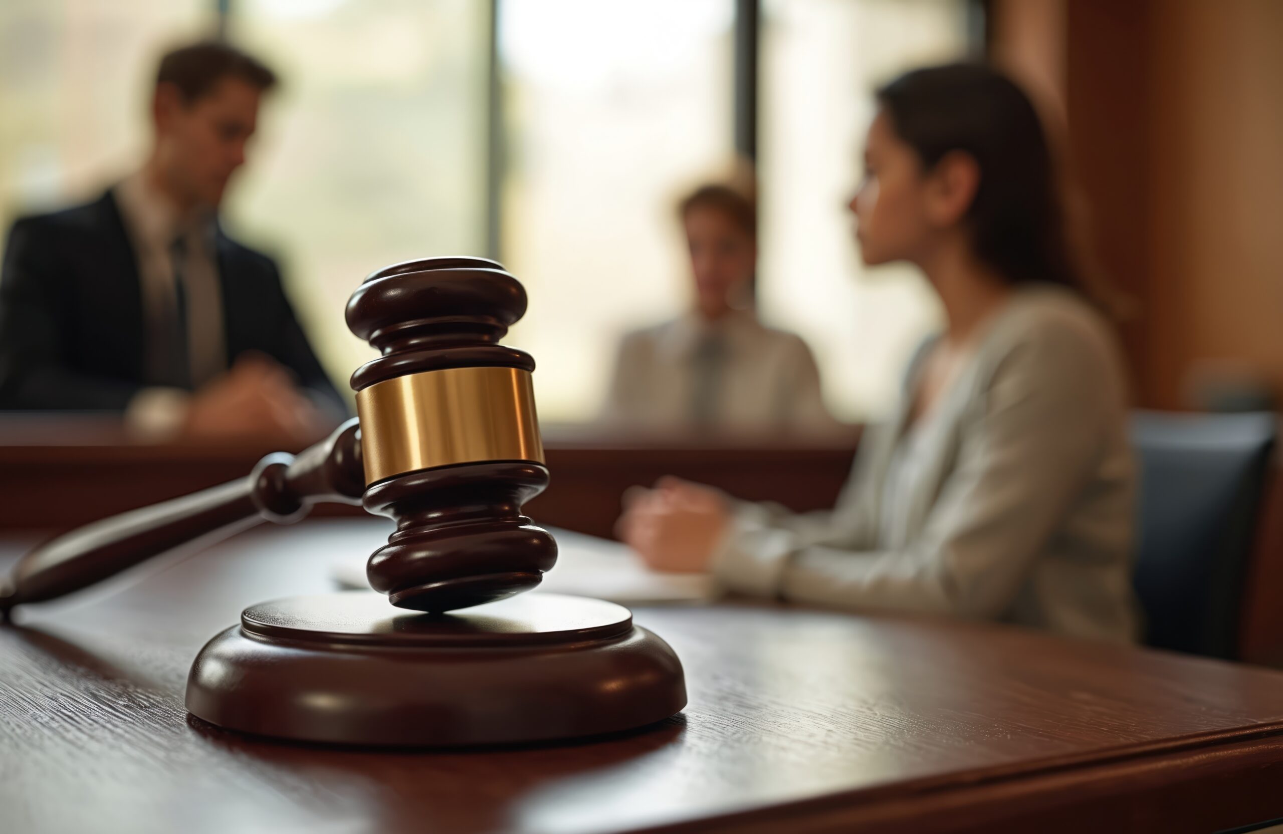 Wooden gavel on table in courtroom. People blurred in background. Legal justice, law concept. Focus on instrument. Child custody, divorce, family law. Conflict resolution, legal counsel dispute
