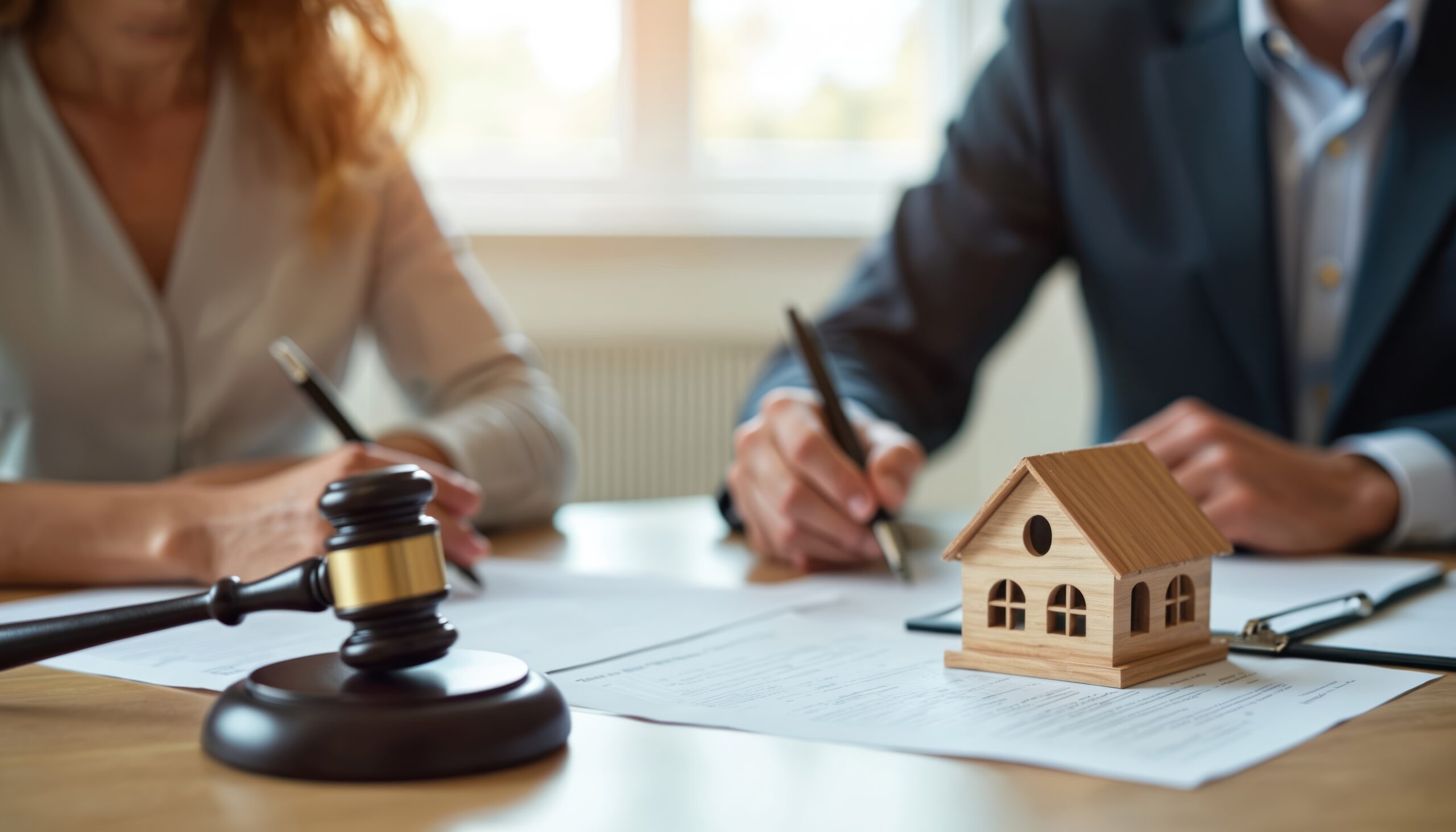 Divorced couple signing property division papers with gavel nearby. Lawyer notary office meeting, settlement, legal agreement, judge decision, estate resolution. Home model. Divorce, separation