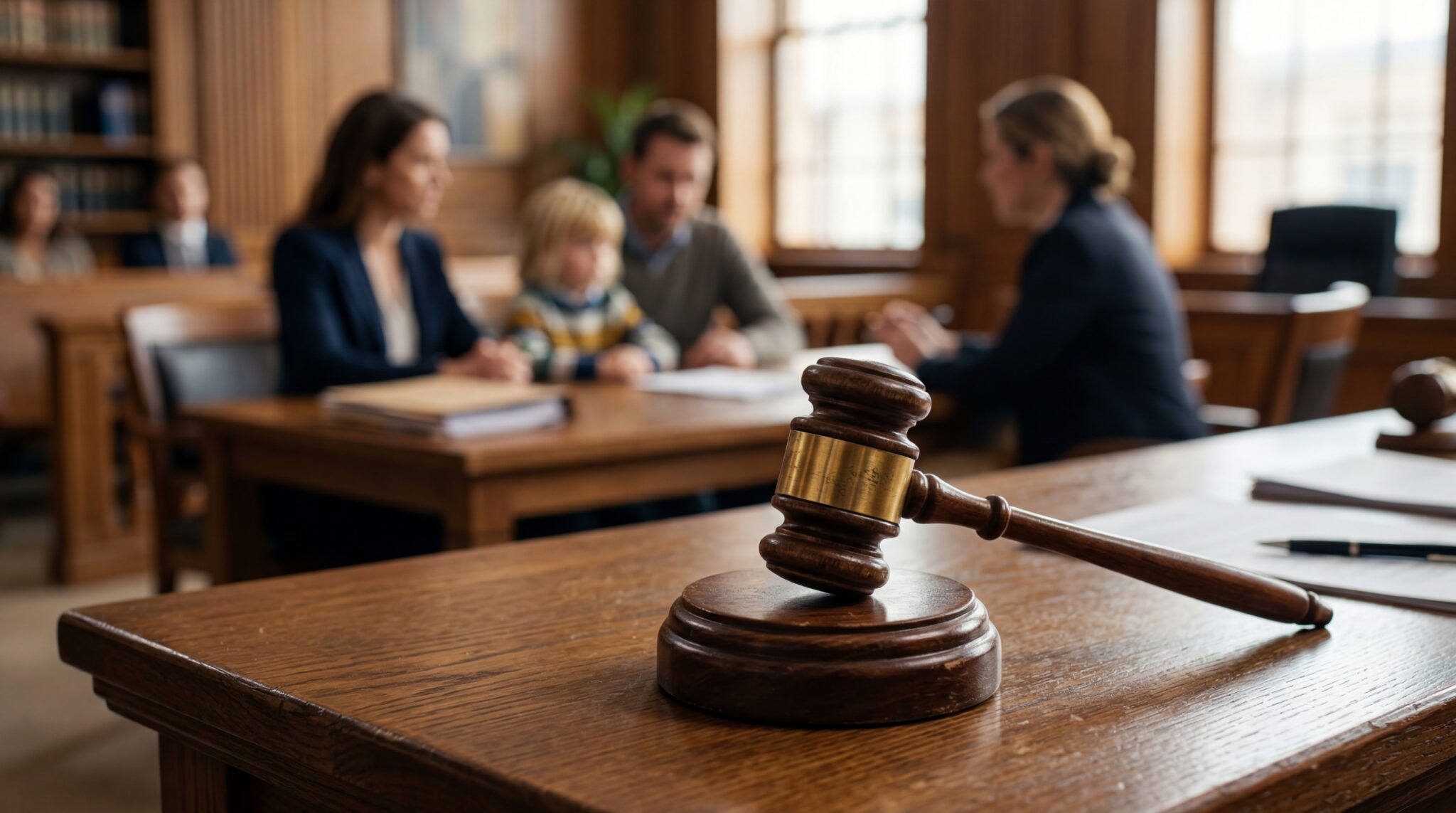 Wooden Judges Gavel in a Courtroom with Family in Background