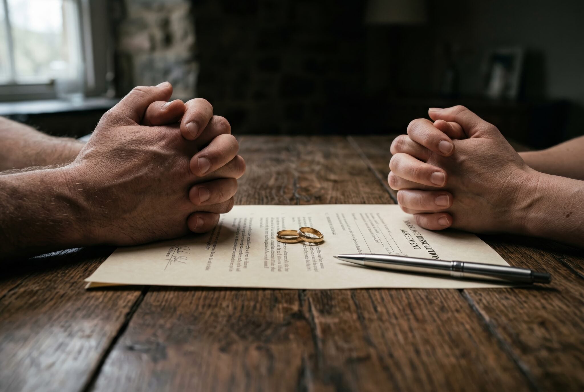 A couple reviews their divorce settlement agreement at a legal office focusing on asset division and emotional decisions.